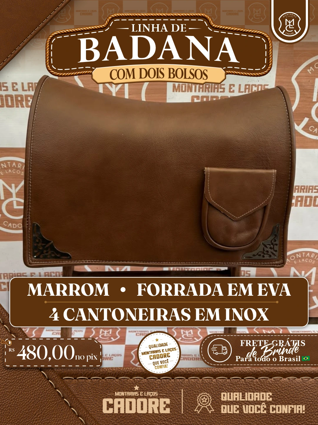 Arte de divulgação da Badana marrom com dois bolsos e 4 cantoneiras em inox, com o preço no Pix e frete grátis para todo o Brasil