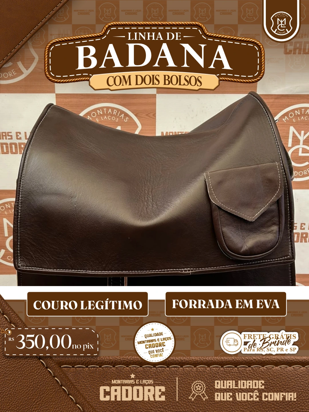 Arte de divulgação da Badana com Dois Bolsos, com o preço no Pix e frete grátis para RS, SC, PR e SP