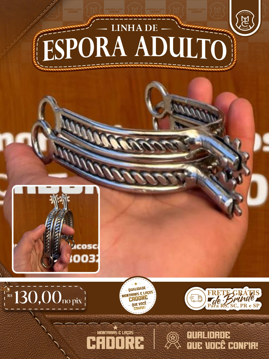 Arte de divulgação da Espora Adulto, com o preço no Pix e frete grátis para RS, SC, PR e SP
