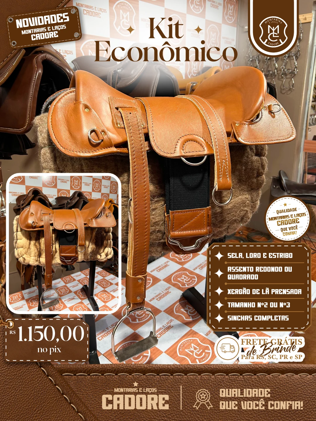 Arte de divulgação do Kit Econômico Caramelo com Detalhe Laço Comprido, com o preço no Pix e frete grátis para RS, SC, PR e SP