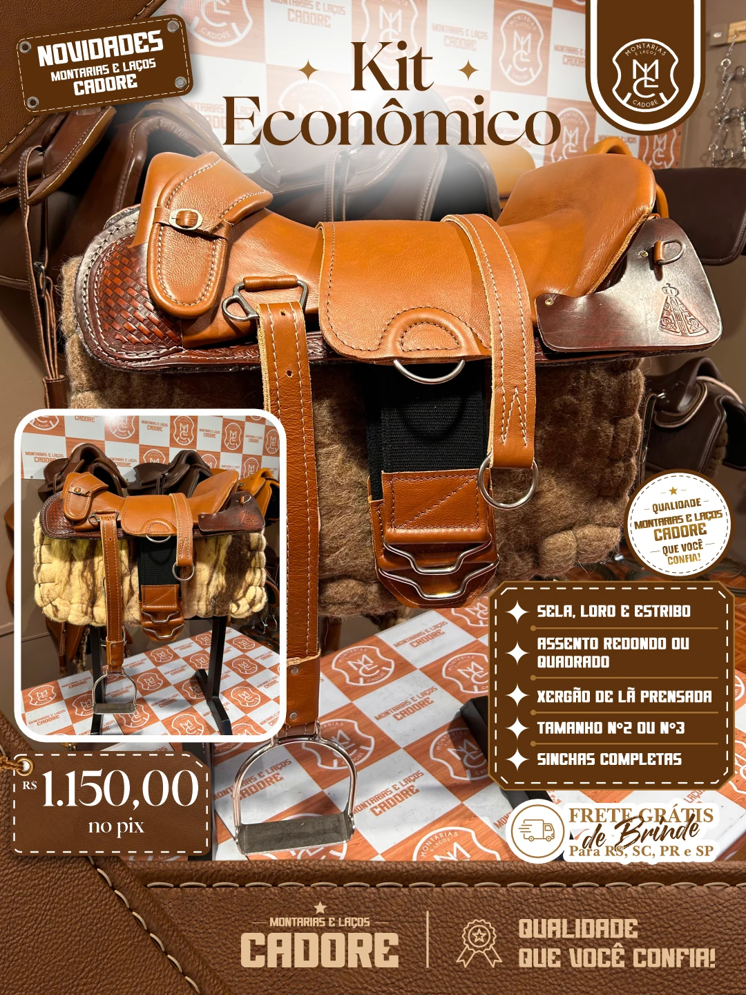 Arte de divulgação do Kit Econômico Caramelo com Detalhe Nossa Senhora Aparecida, com o preço no Pix e frete grátis para RS, SC, PR e SP
