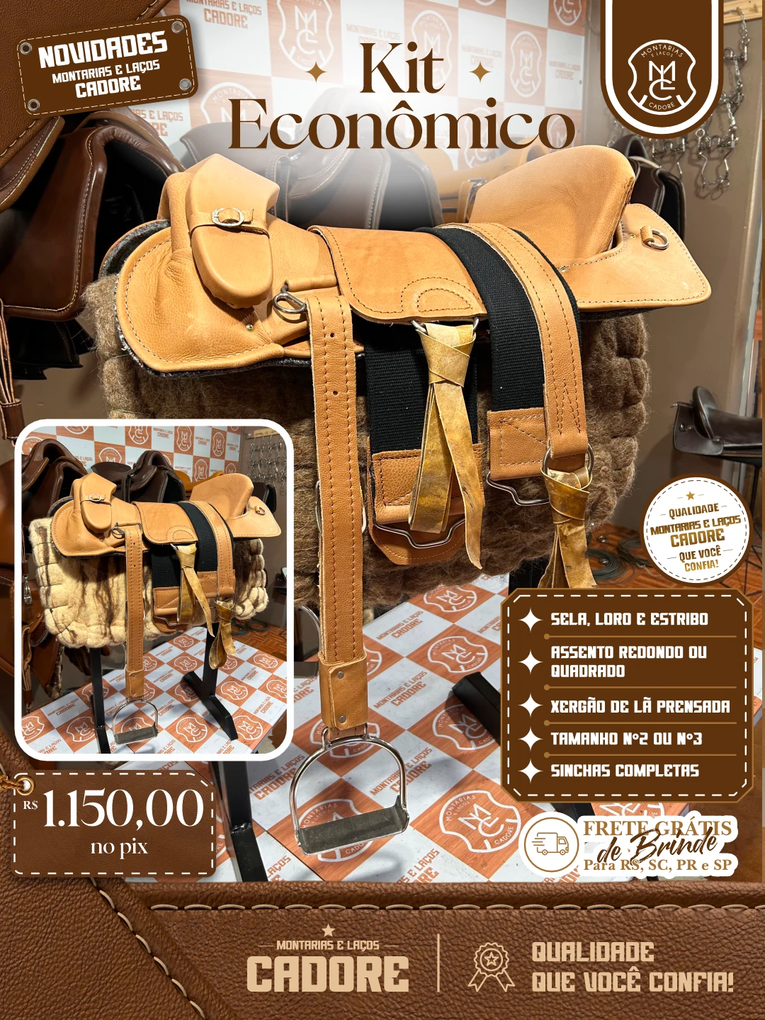 Arte de divulgação do Kit Econômico Couro Natural, com o preço no Pix e frete grátis para RS, SC, PR e SP