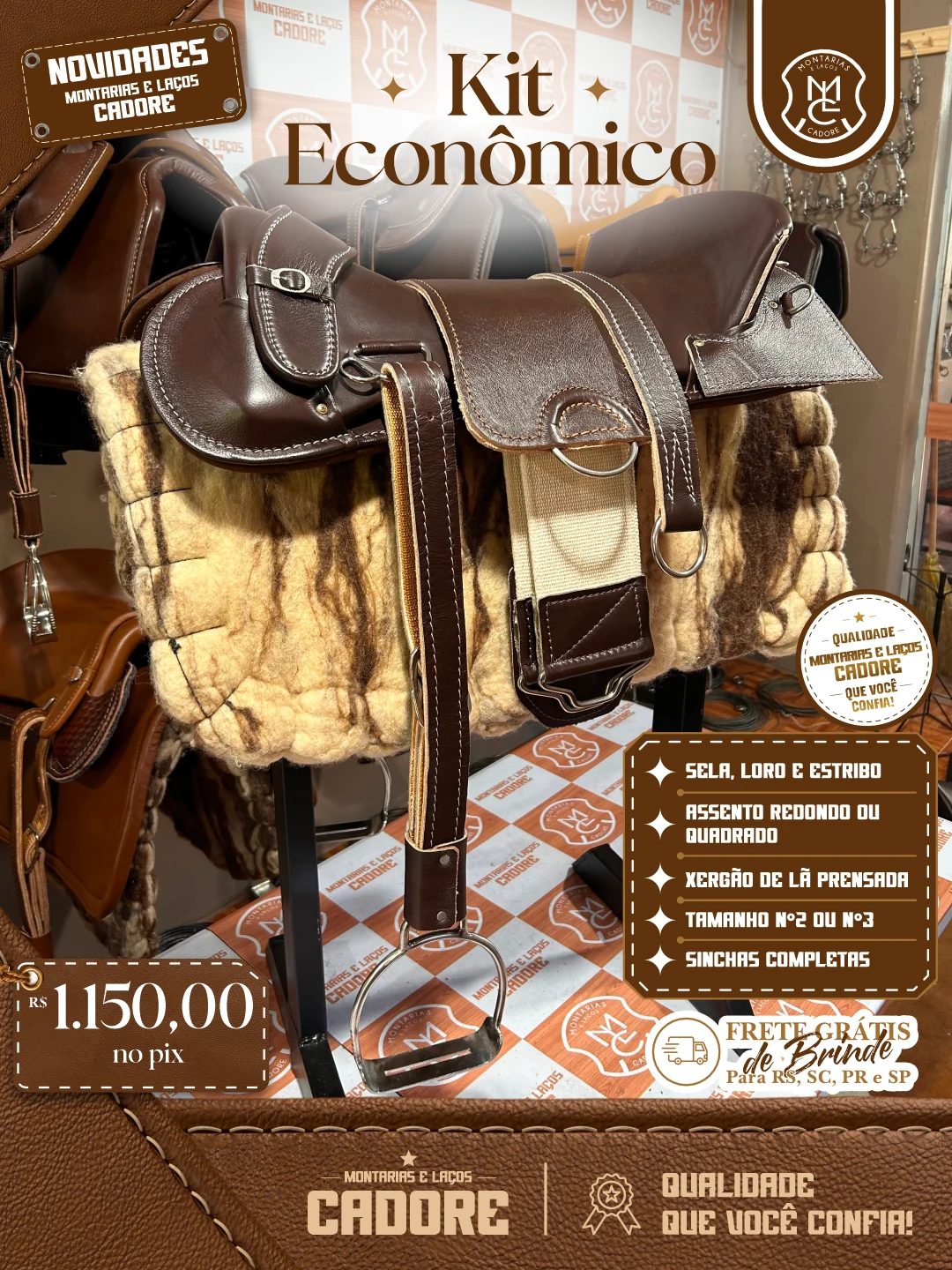 Arte de divulgação do Kit Econômico Marrom Escuro Assento Quadrado, com o preço no Pix e frete grátis para RS, SC, PR e SP