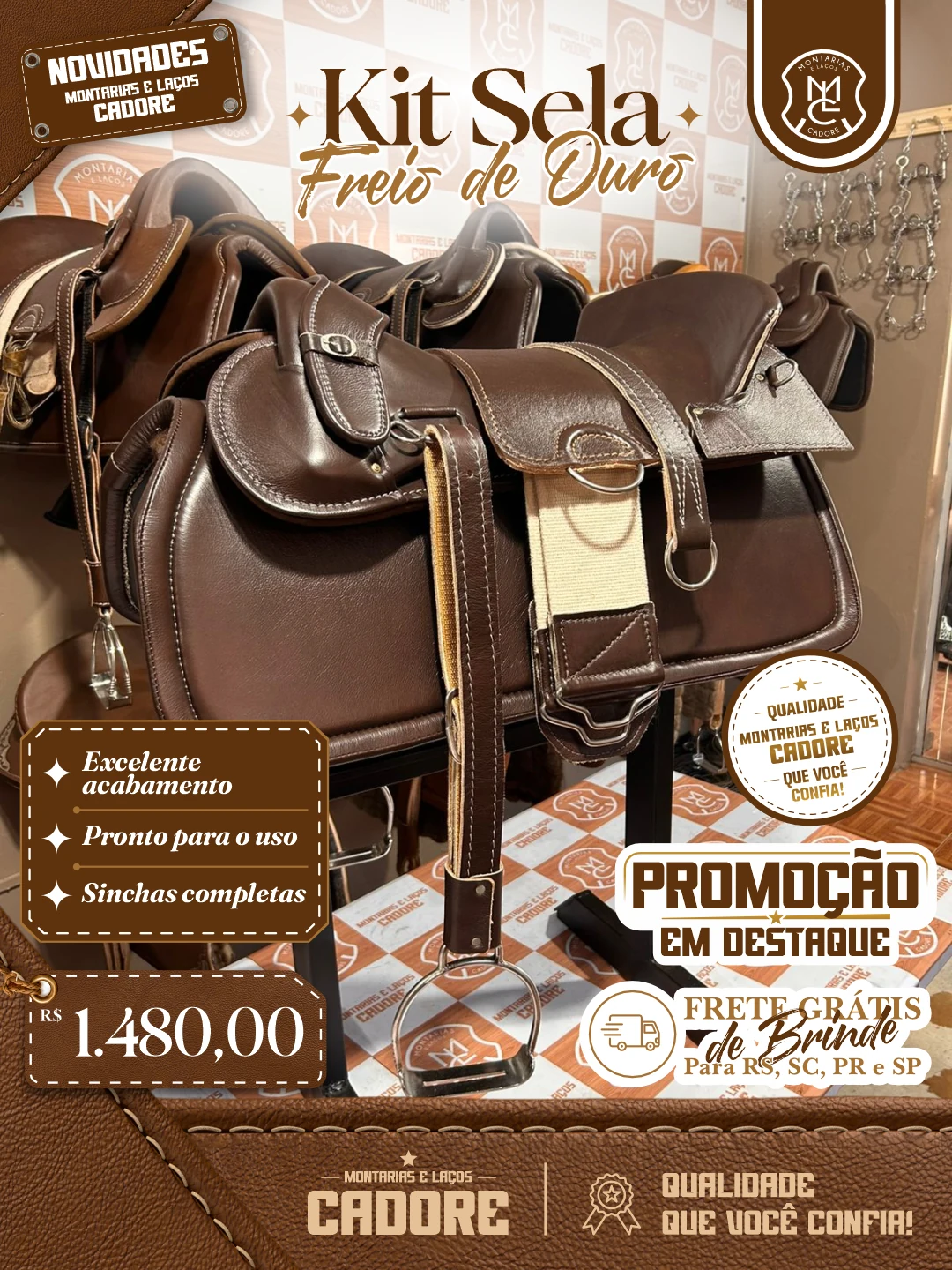 Arte de divulgação do Kit Sela Freio de Ouro, com o preço no Pix e frete grátis para RS, SC, PR e SP