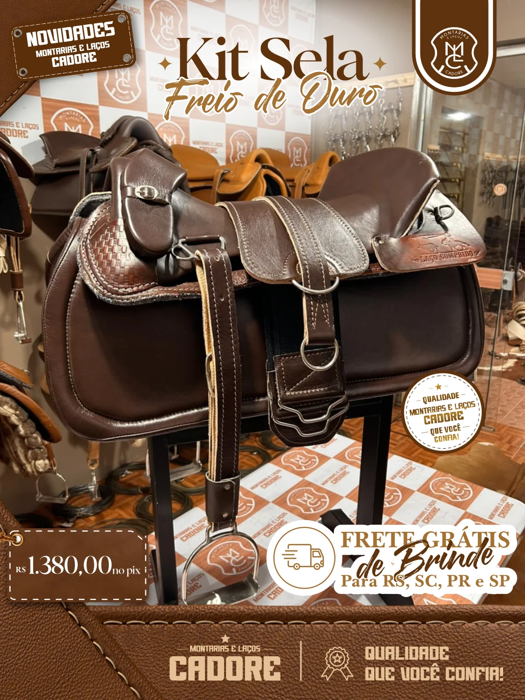 Arte de divulgação do Kit Sela Freio de Ouro, com o preço no Pix e frete grátis para RS, SC, PR e SP