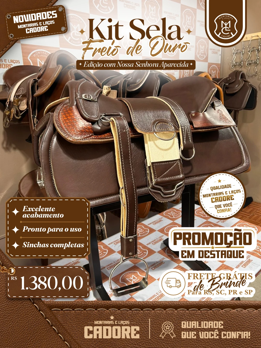 Arte de divulgação do Kit Sela Freio de Ouro Edição Nossa Senhora Aparecida, com o preço no Pix e frete grátis para RS, SC, PR e SP