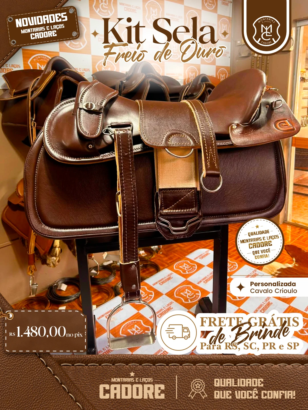 Arte de divulgação do Kit Sela Freio de Ouro Personalizada Cavalo Crioulo, com o preço no Pix e frete grátis para RS, SC, PR e SP