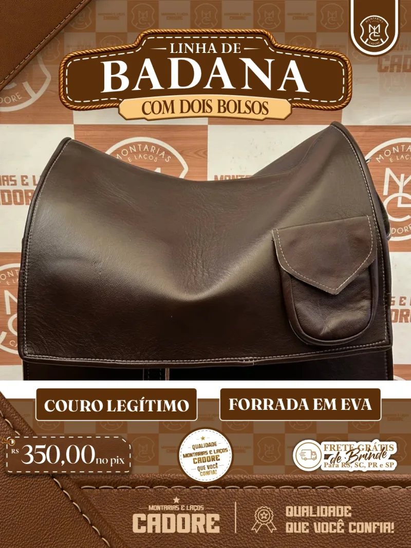 Arte de divulgação da Badana com Dois Bolsos, com o preço no Pix e frete grátis para RS, SC, PR e SP