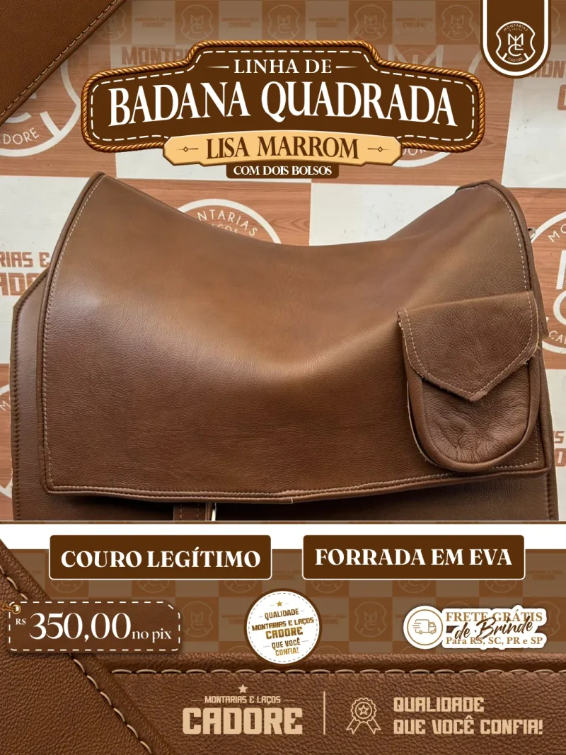 Arte de divulgação da Badana Quadrada Lisa Marrom com Dois Bolsos, com o preço no Pix e frete grátis para RS, SC, PR e SP