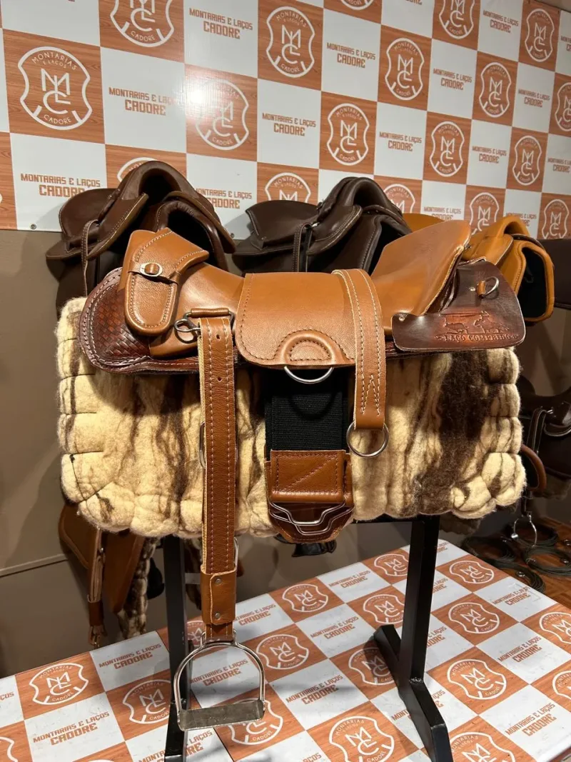 Kit Econômico Caramelo para cavalo, com sela, loro e estribo