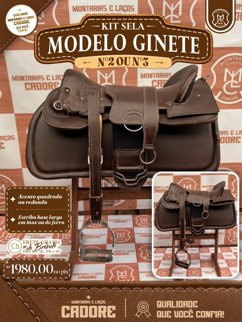 Arte de divulgação do Kit Sela Modelo Ginete, com o preço no Pix e frete grátis para RS, SC, PR e SP