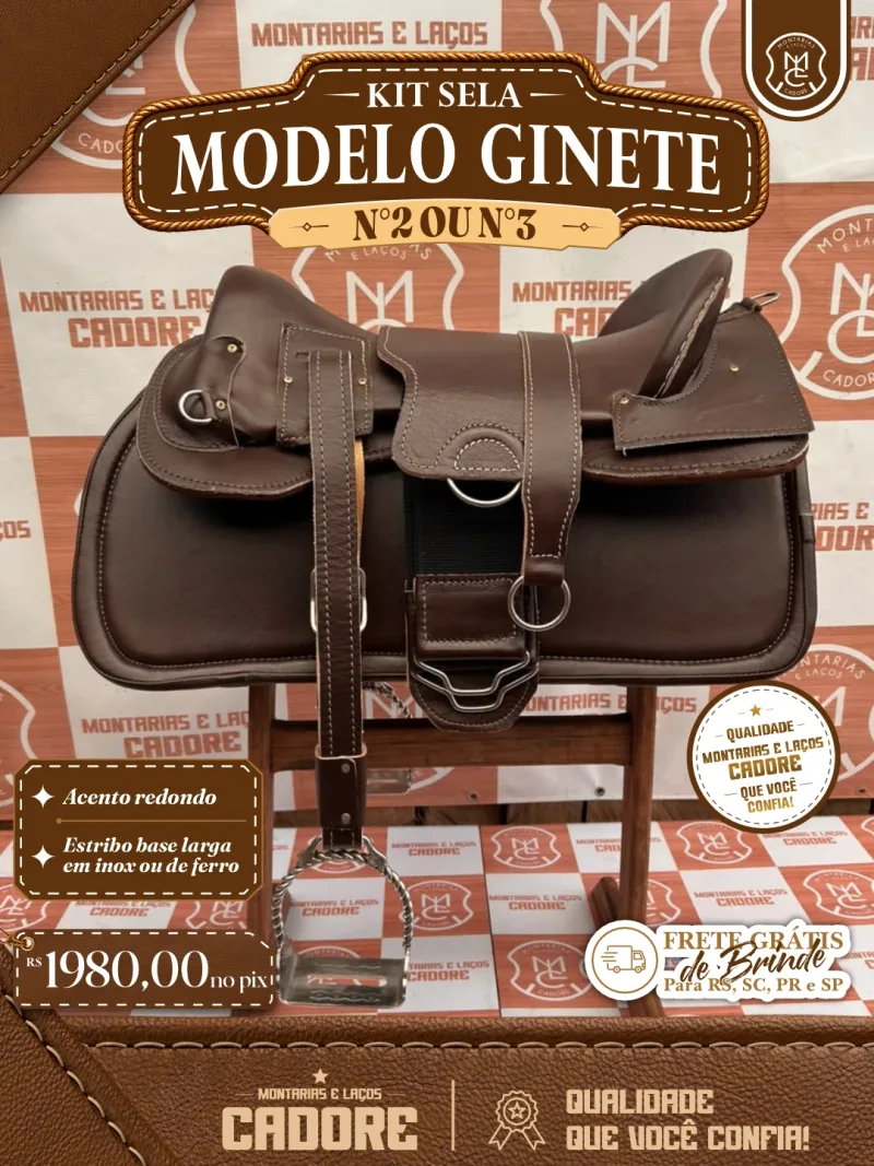 Arte de divulgação do Kit Sela Modelo Ginete, com o preço no Pix e frete grátis para RS, SC, PR e SP