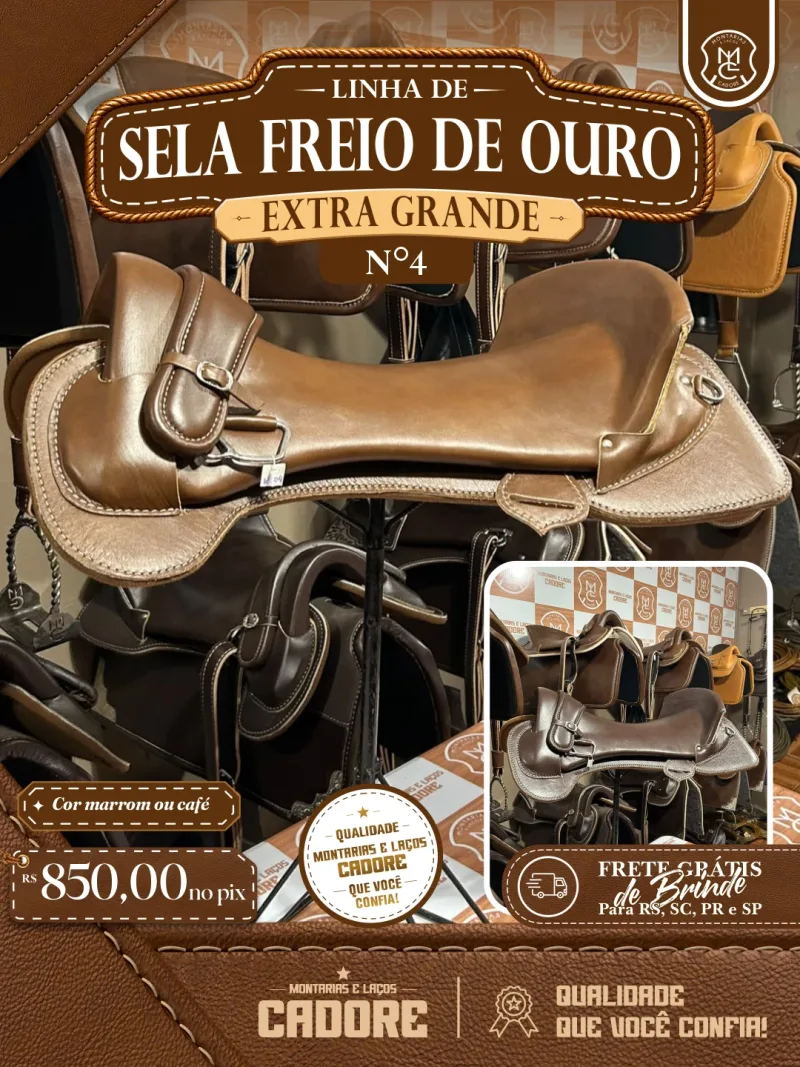 Arte de divulgação da Linha de Sela Freio de Ouro Extra Grande nº4, com o preço no Pix e frete grátis para RS, SC, PR e SP